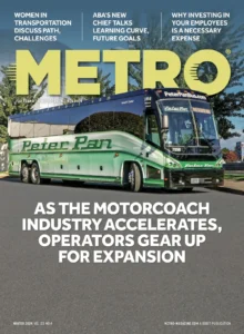 Peter Pan Bus Lines featured on the Winter 2024 cover of METRO Magazine, highlighting motorcoach industry expansion and innovation.